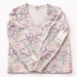 NWT PJ Salvage Floral Waffle Knit Lounge Top XS Cozy Ivory Rose